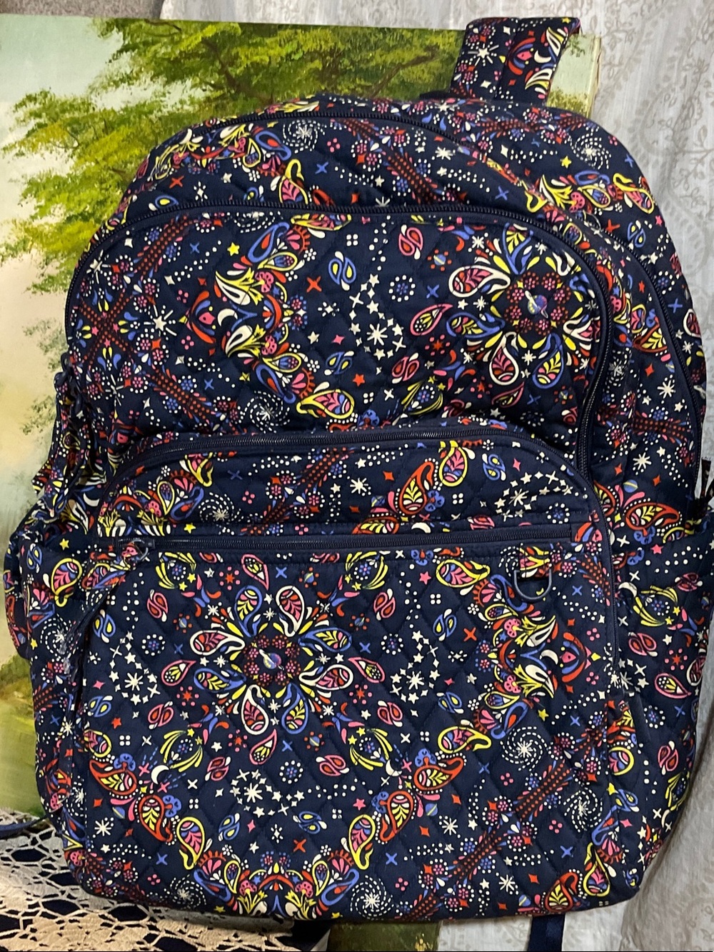 Vera Bradley Navy Quilted Backpack XL with Multicolor Paisley Floral Print